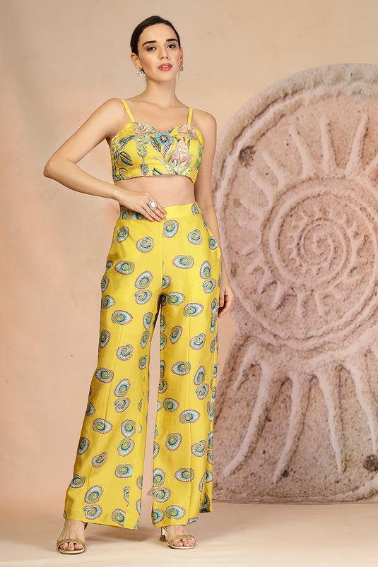 Vibrant Yellow 3-Piece Muslin Co-ord with Coral Print & Pearl Beadwork