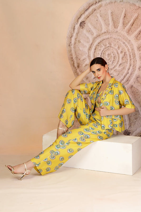 Vibrant Yellow 3-Piece Muslin Co-ord with Coral Print & Pearl Beadwork