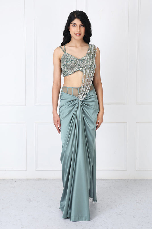 Viridian Green Drape Saree With Embroidered Blouse