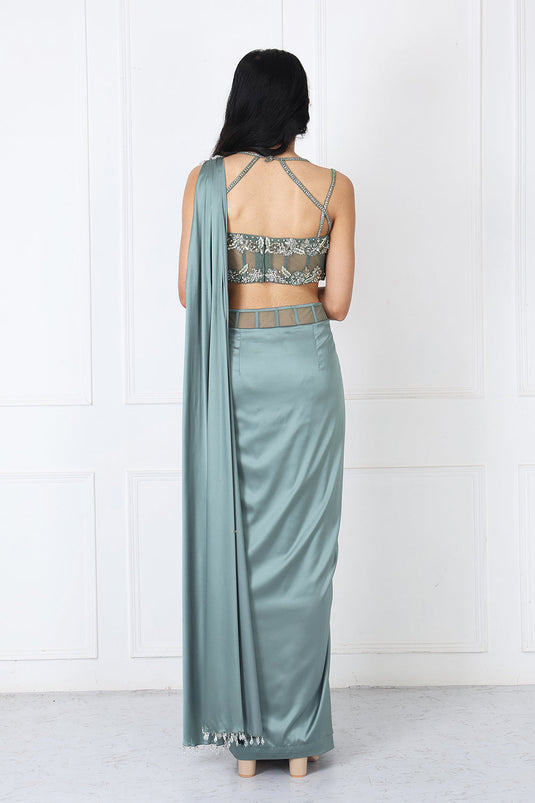 Viridian Green Drape Saree With Embroidered Blouse