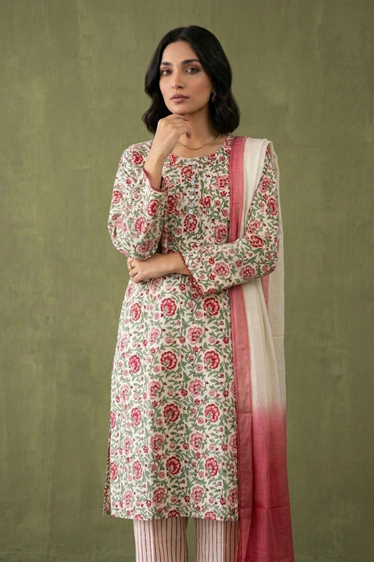 White allover block printed kurta paired with strips pants along with shaded duppata