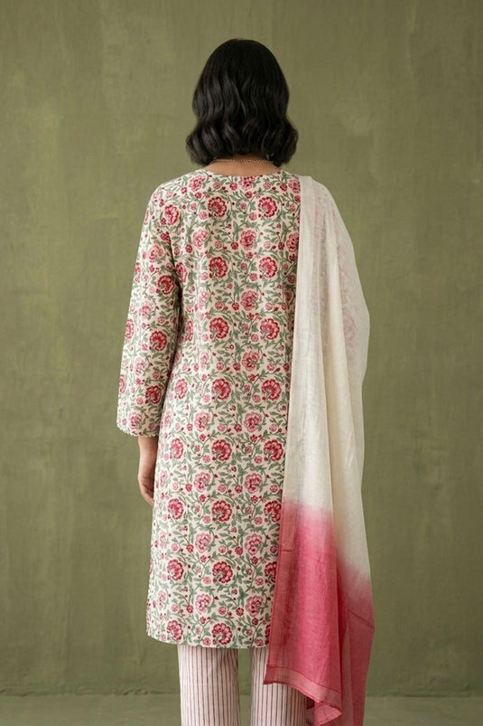 White allover block printed kurta paired with strips pants along with shaded duppata