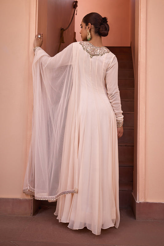 White embroidered anarakali gown with dupatta