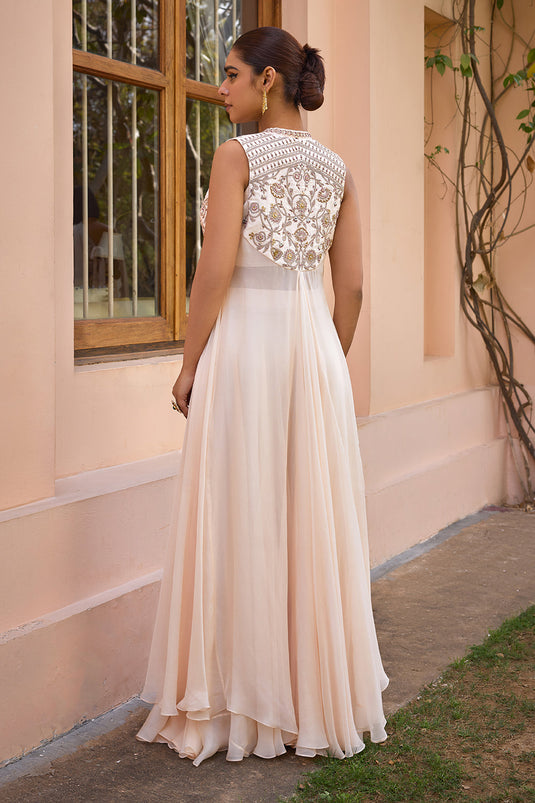White embroidered cape and sharara set with drape blouse