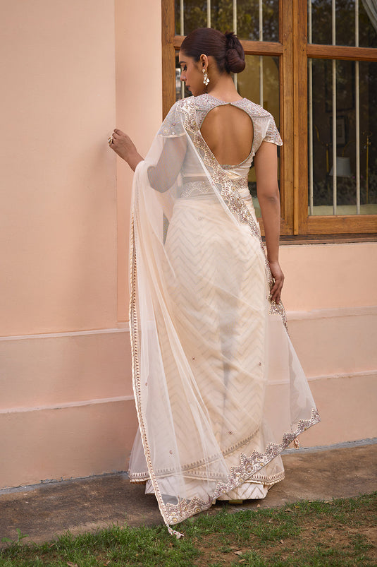 White embroidered saree set