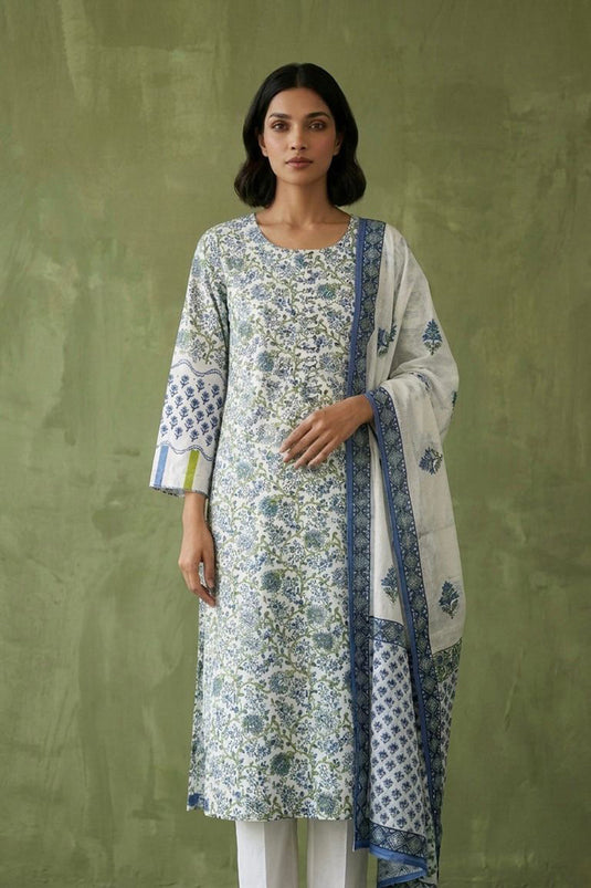 White floral kurta paired with plain pants along with block printed dupatta