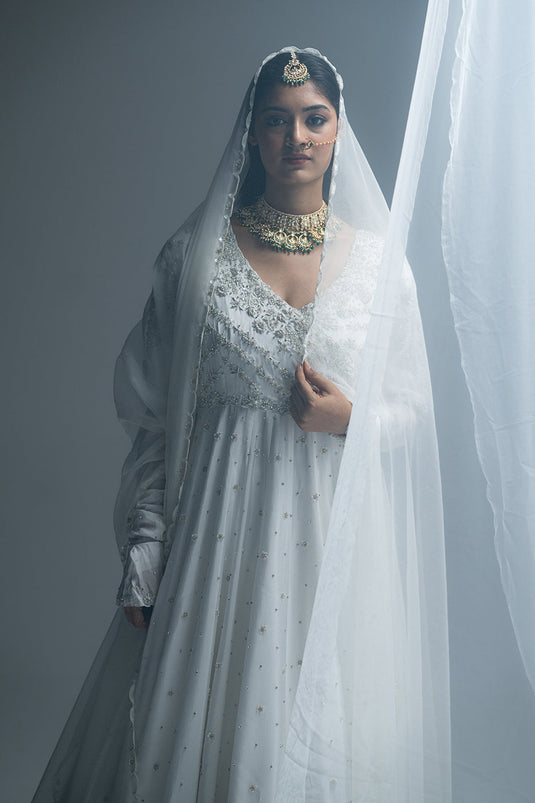White Habutai Silk Angrakha Lehenga Set