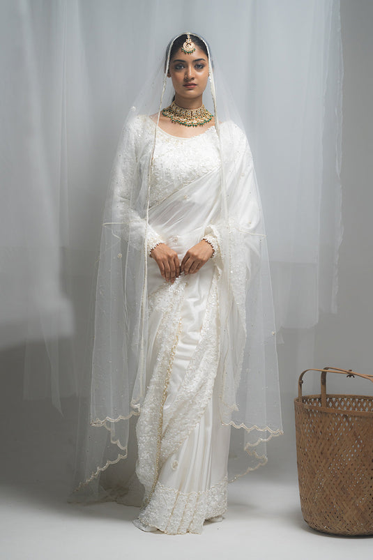 White Habutai Silk Saree with Embellished Net Blouse
