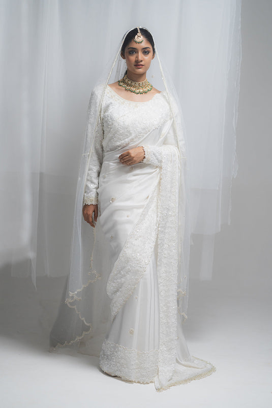 White Habutai Silk Saree with Embellished Net Blouse