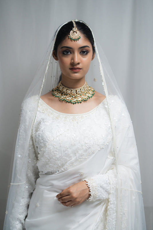 White Habutai Silk Saree with Embellished Net Blouse