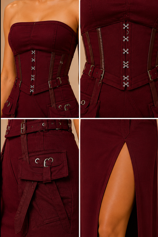 Wine Berry Corset Top & Thigh-High Slit Skirt Co-Ord Set