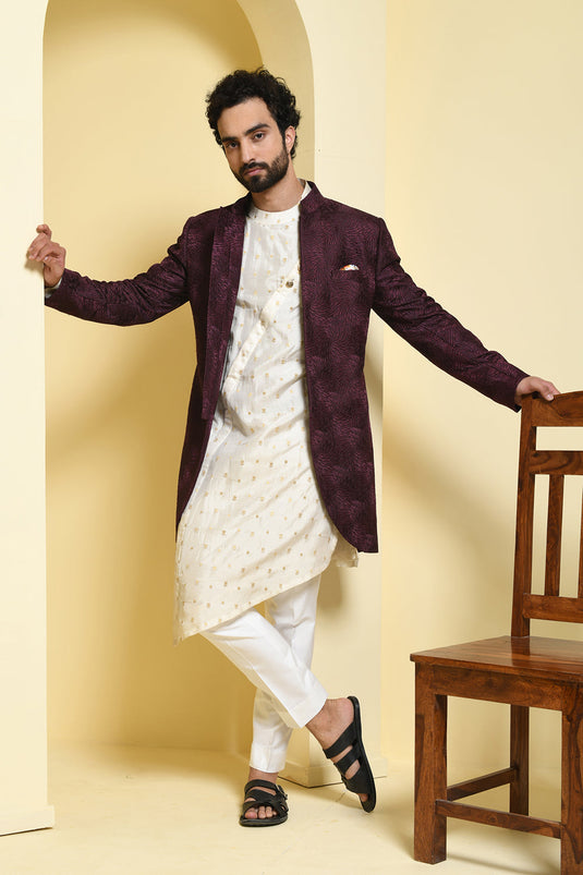 Wine Indowestern with Asymmetrical Kurta Pants