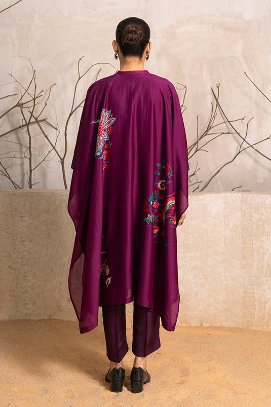 Wine Silk Chanderi Printed Kaftan Style Dress