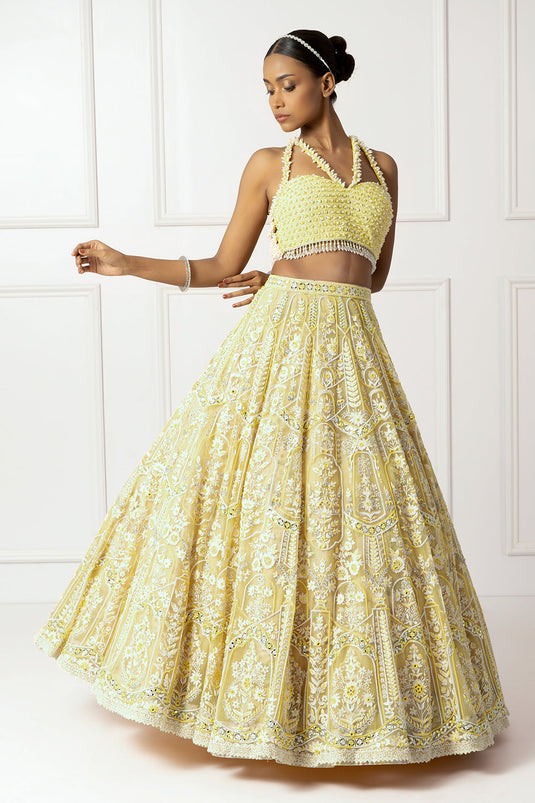 Yellow and ivory floral lehenga
