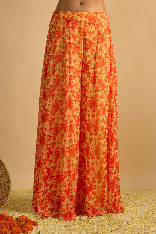 Yellow and Orange Floral Printed Hand Embroidered Palazzo Set in Georgette with Shaded Chitta work Organza Dupatta