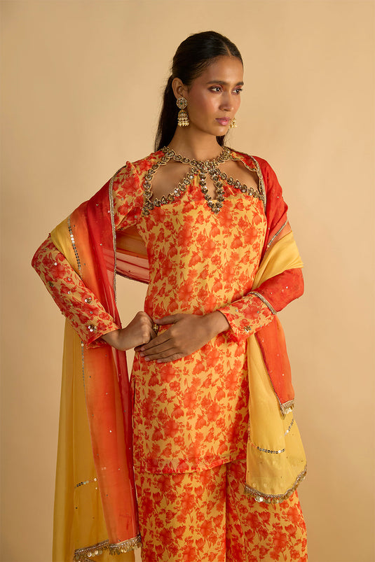 Yellow and Orange Floral Printed Hand Embroidered Short Kurta Set in Georgette with Shaded Chitta work Organza Dupatta