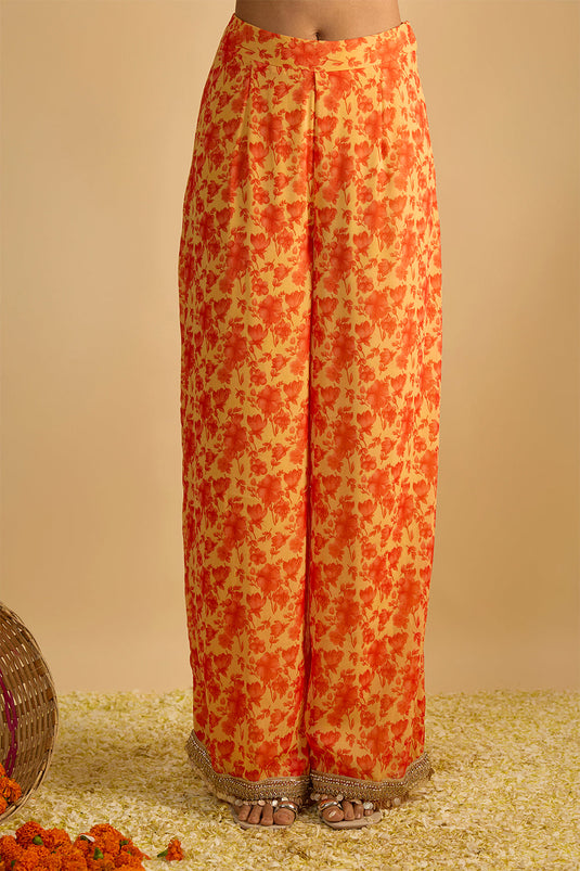 Yellow and Orange Floral Printed Hand Embroidered Short Kurta Set in Georgette with Shaded Chitta work Organza Dupatta