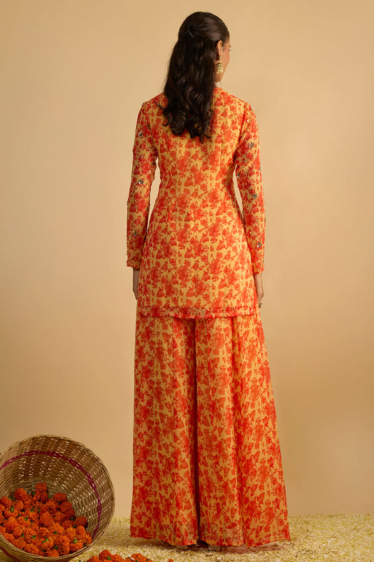 Yellow and Orange Floral Printed Hand Embroidered Short Kurta Set in Georgette with Shaded Chitta work Organza Dupatta
