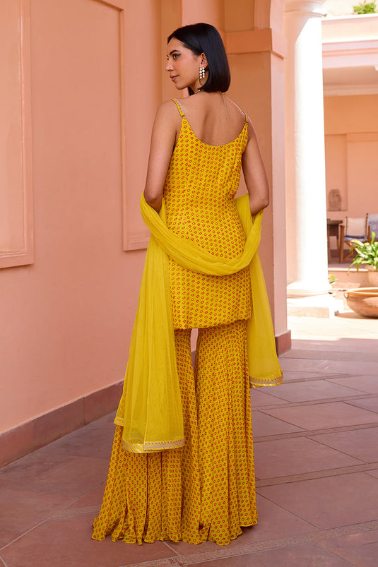 Yellow bandhani embroidered sharara set with dupatta
