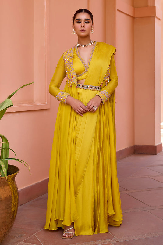 Yellow embroidered organza cape jacket with pre drape saree set