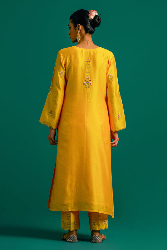 Yellow hand embroidered silk chanderi kurta set