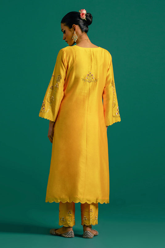 Yellow hand embroidered silk chanderi kurta set