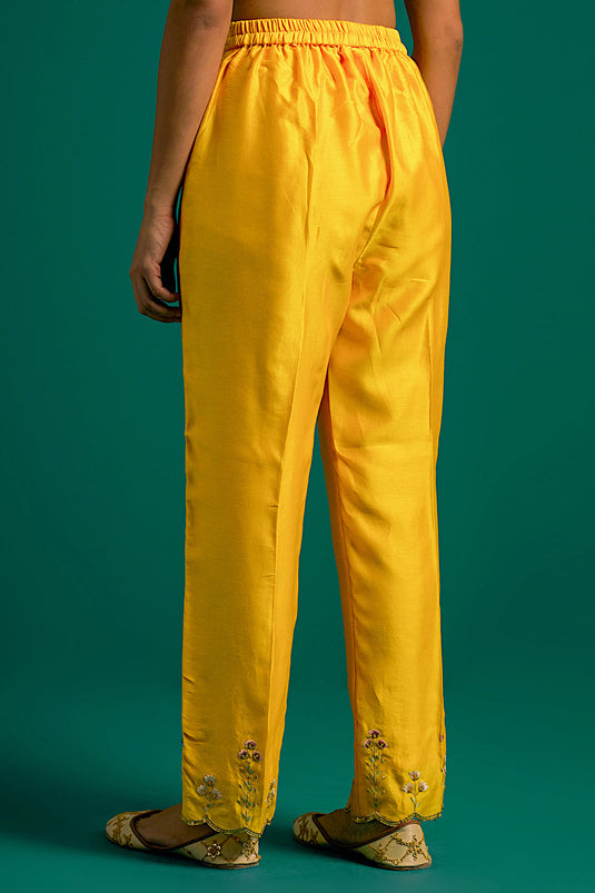 Yellow hand embroidered silk chanderi kurta set