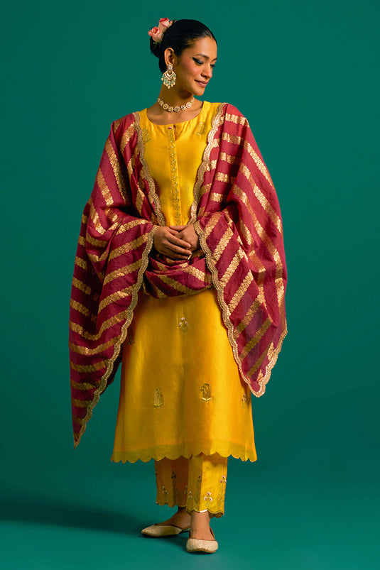 Yellow hand embroidered silk chanderi kurta set with wine chanderi dupatta