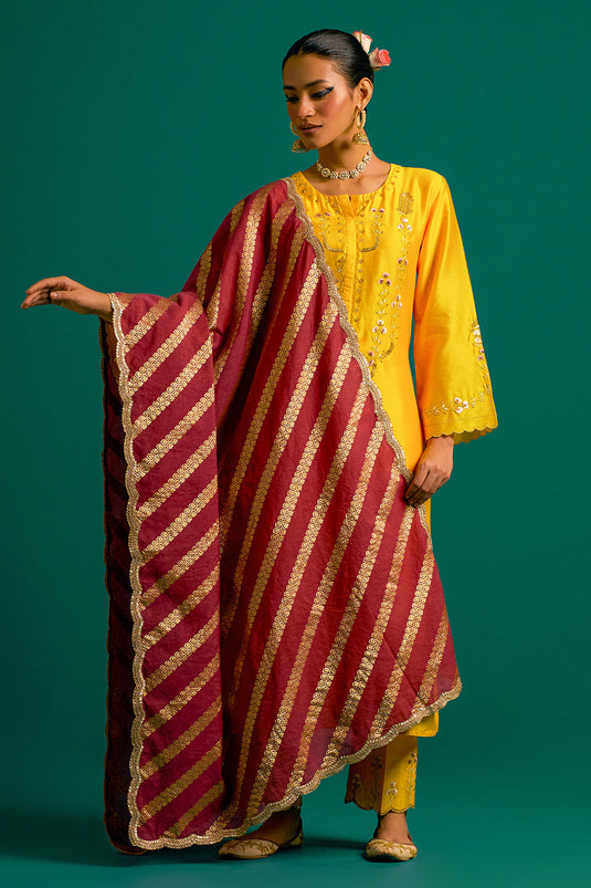 Yellow hand embroidered silk chanderi kurta set with wine chanderi dupatta