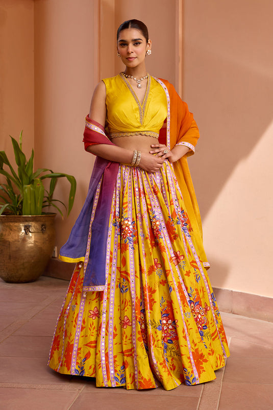 Yellow printed and embroidered lehenga set