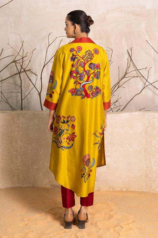 Yellow Silk Chanderi Chintz Printed Front Open Dress