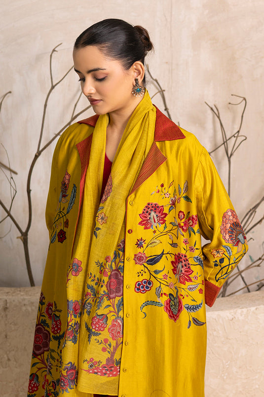 Yellow Silk Chanderi Chintz Printed Stole