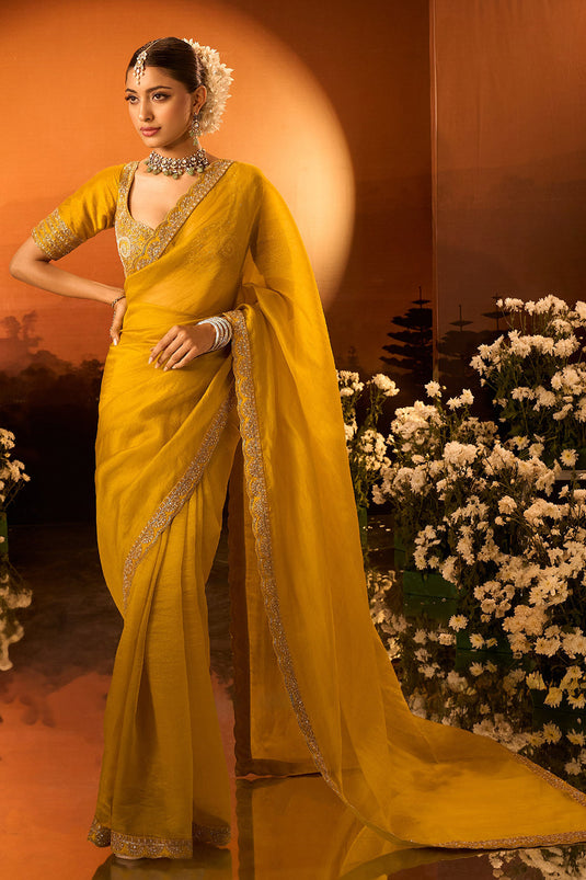 Yellow Silk Chanderi Embroidered Saree Set