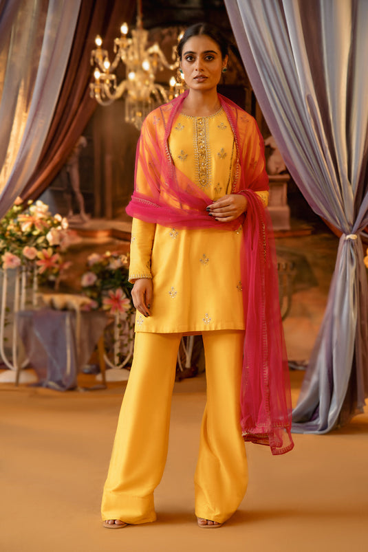 Yellow Suit With Pink Dupatta