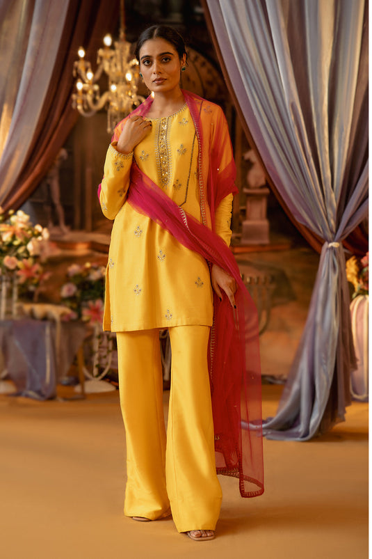 Yellow Suit With Pink Dupatta