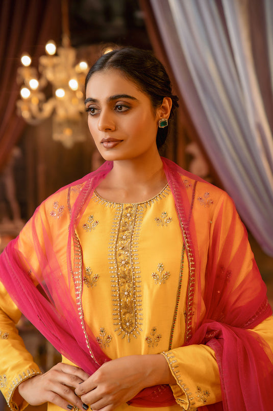 Yellow Suit With Pink Dupatta