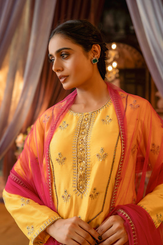 Yellow Suit With Pink Dupatta