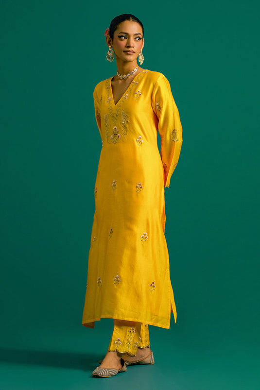 Yellow V neck hand embroidered silk chanderi kurta set