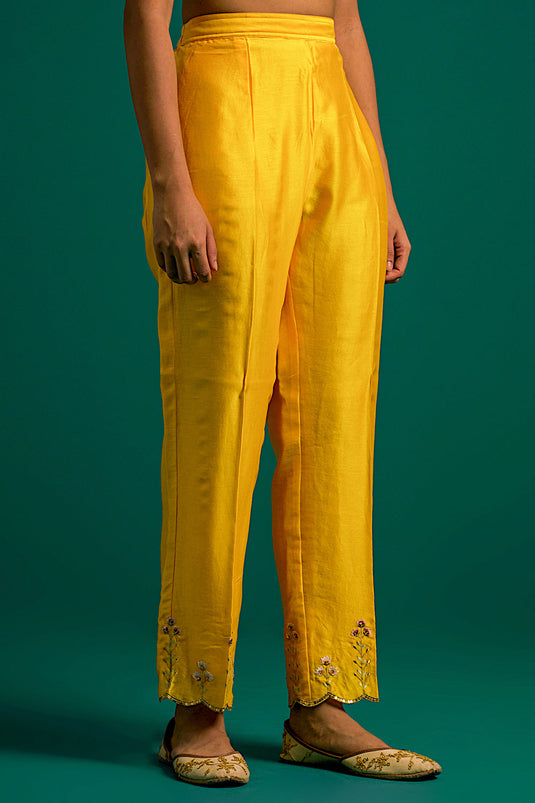 Yellow V neck hand embroidered silk chanderi kurta set